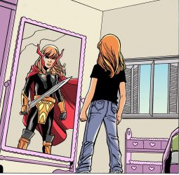 Drawing of a young girl looking in the mirror and seeing herself as a superhero