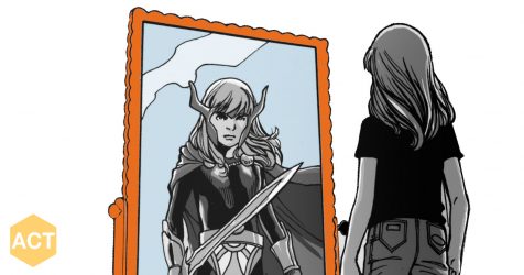 Drawing of a young girl looking into a mirror and seeing herself as a superhero