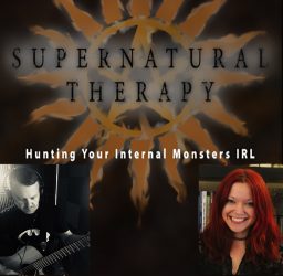 Superhero Therapy Podcast Logo featuring Dr. Scarlet, and Dustin McGinnis