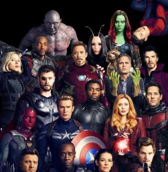 A large collection of Marvel characters taking a group picture