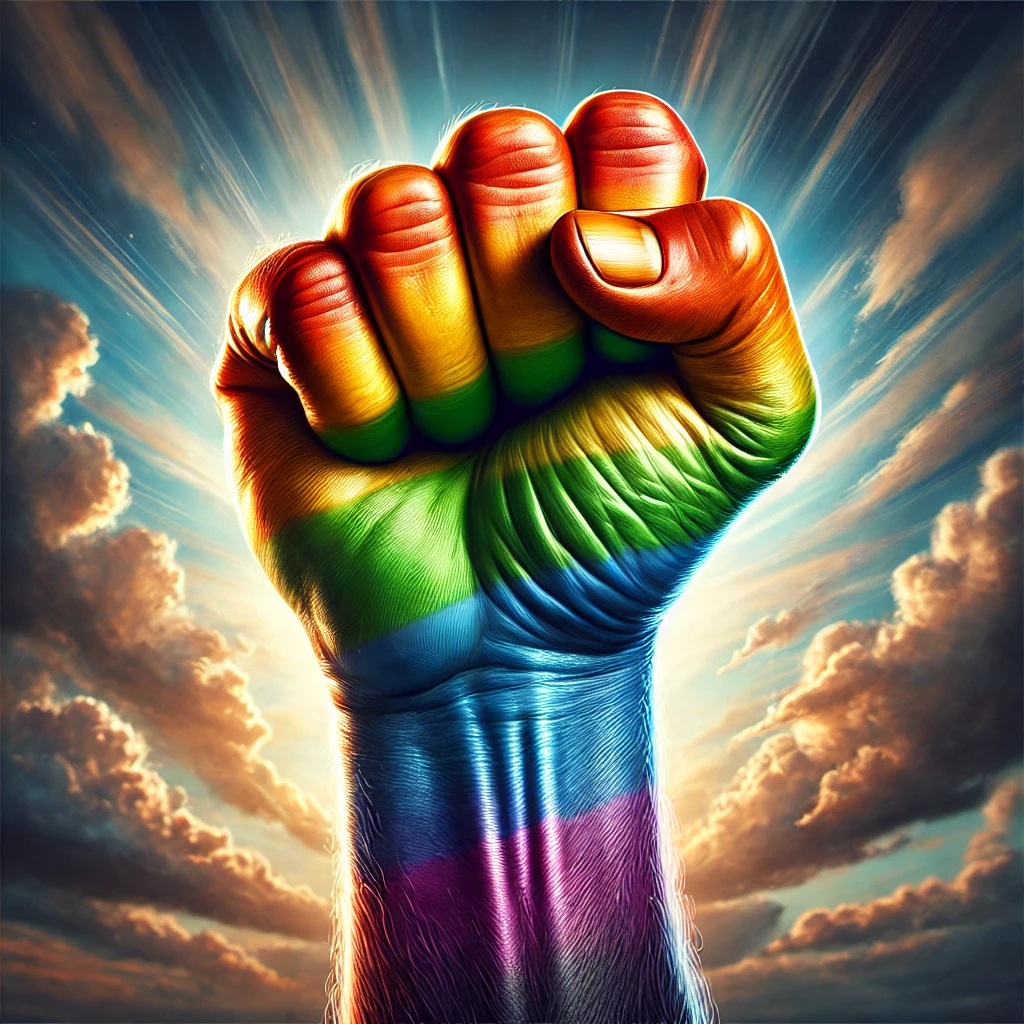 Rainbow colored fist raised in solidarity.